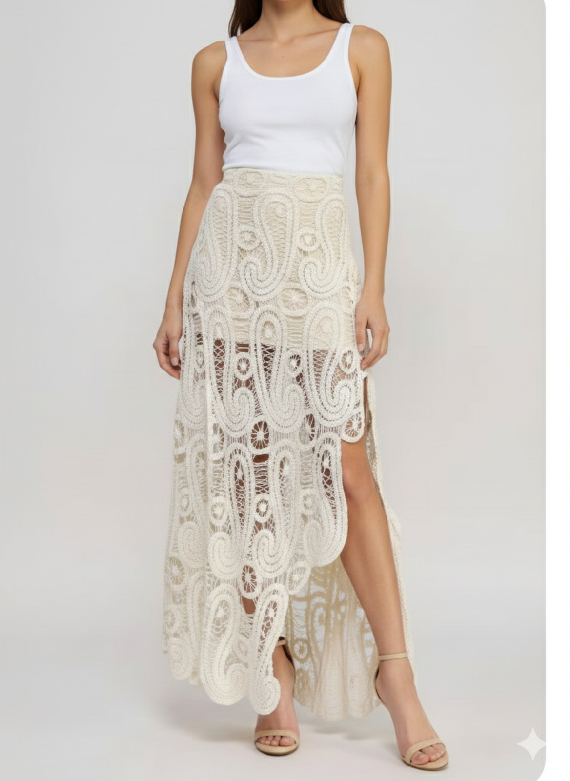 Ivory Asymmetrical Crochet Skirt Boho-Chic Statement Festival Resort Beech Sz-M